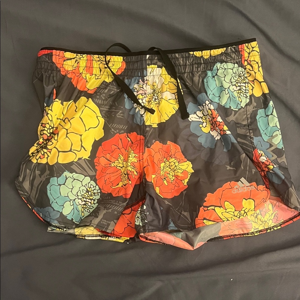 adidas Women’s Black Athletic Shorts with Red, Yellow & Teal Floral Print